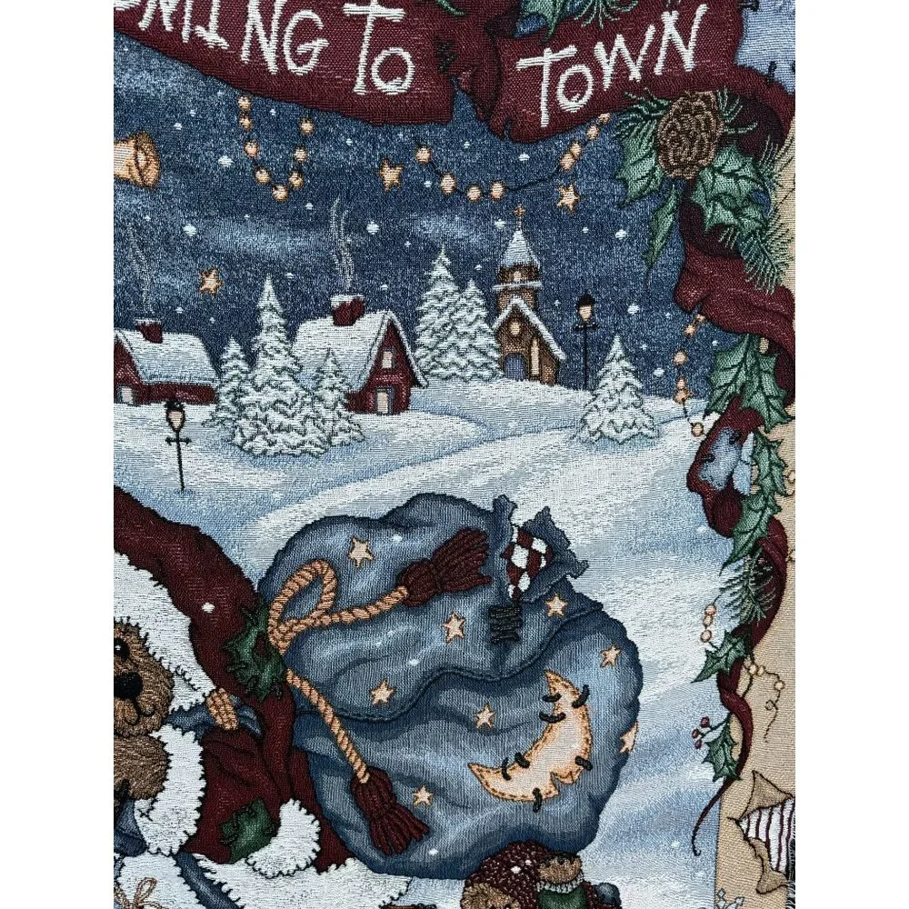 Boyds Bears He's Coming To Town Christmas Tapestry Throw Blanket 72x56